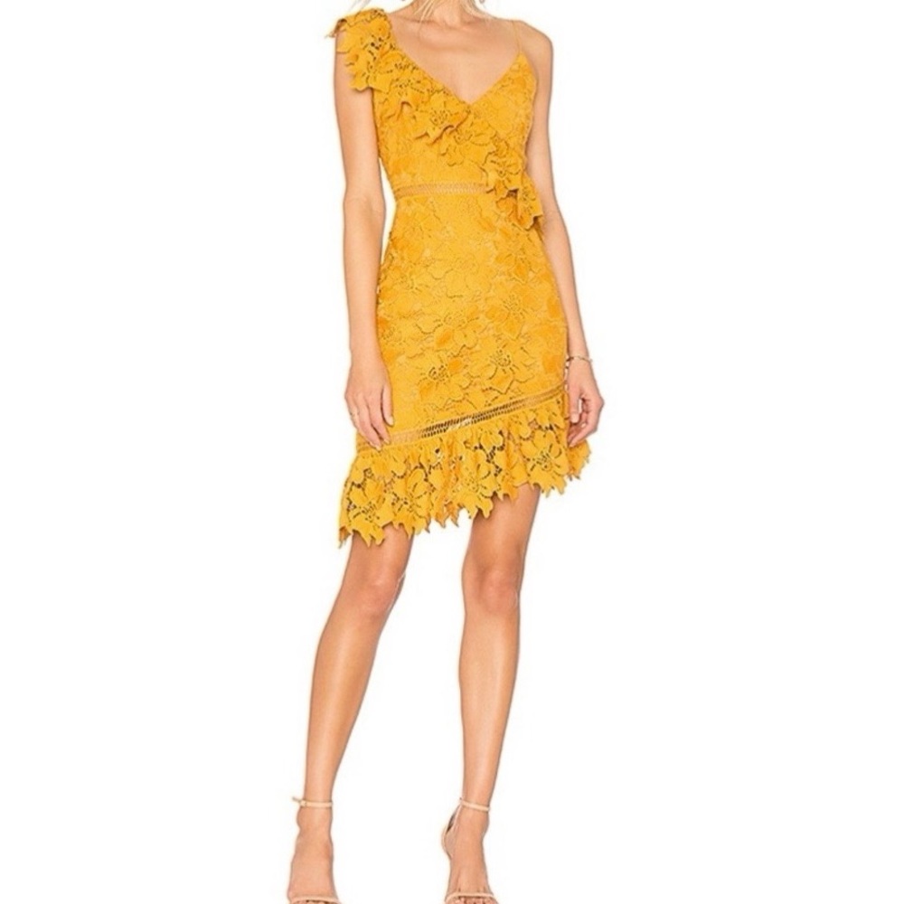 NEW SAYLOR Sophia Asymmetric Lace Dress in Mustard